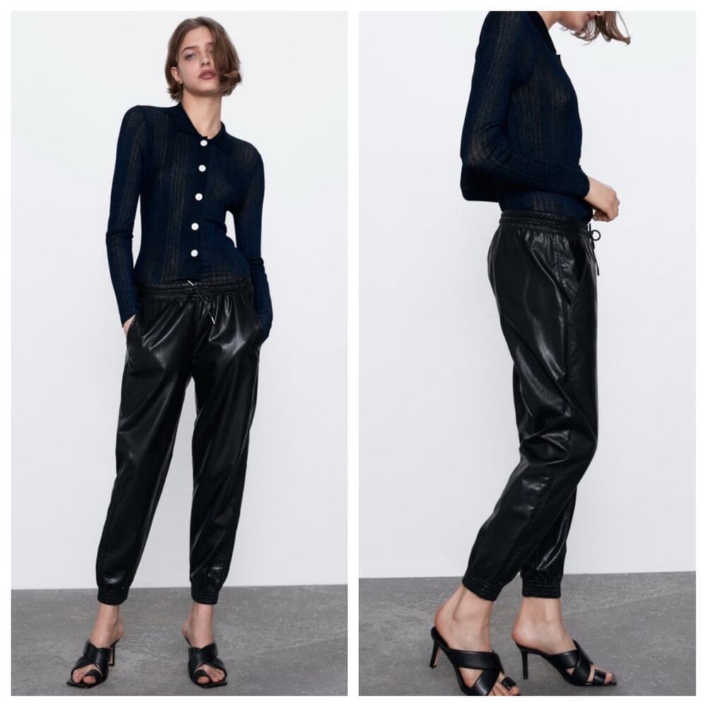 Zara Black Faux Leather Joggers XS Pull On Streetwear Biker Emo Goth